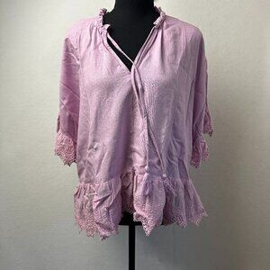 Umgee shirt womens S Purple Lace trim Boho peasant boxy short sleeve Linen blend